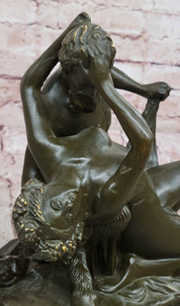 Bronze Satyr and Nymph Bacchante Sculpture on Marble Base