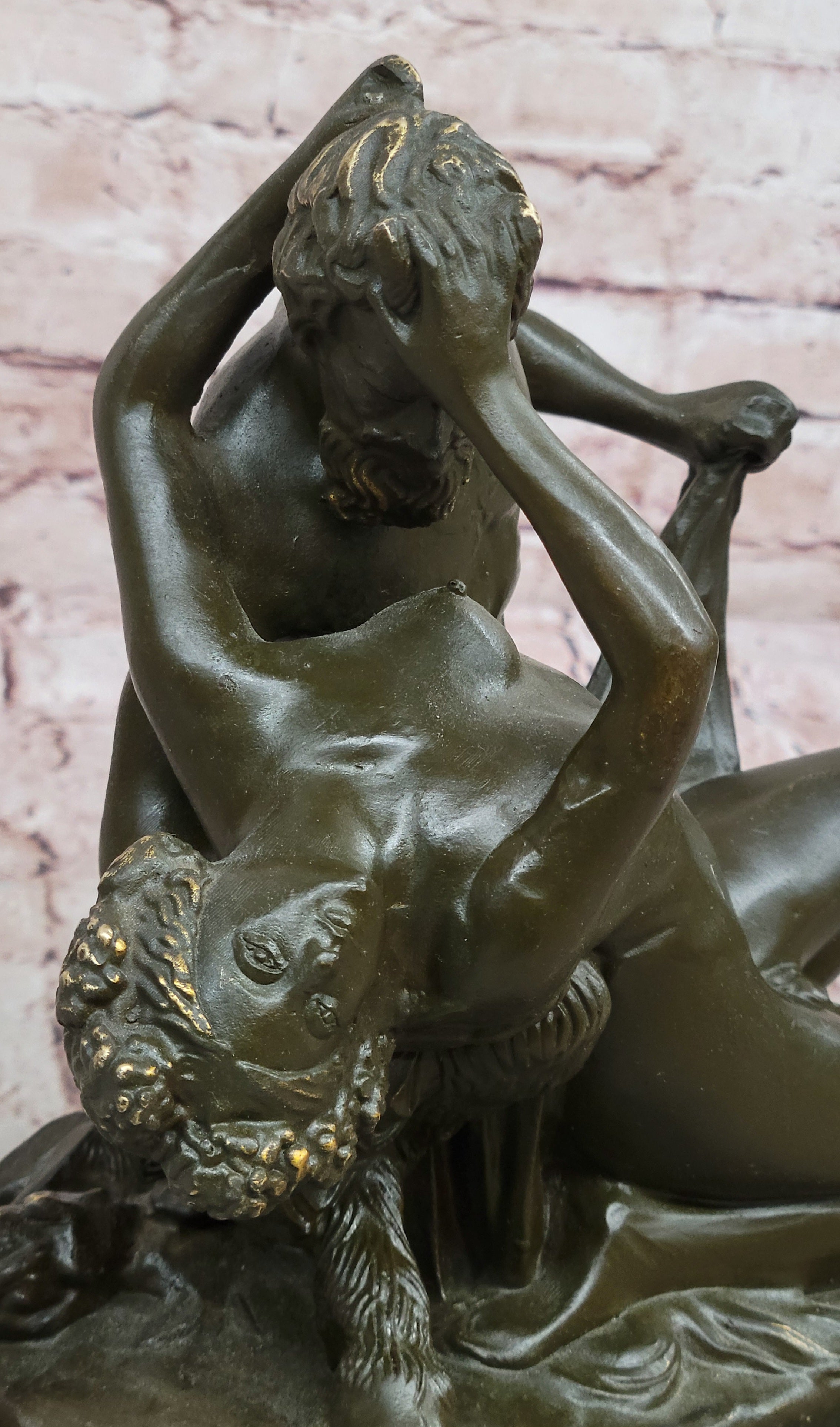 Bronze Satyr and Nymph Bacchante Sculpture on Marble Base