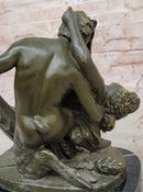 Bronze Satyr and Nymph Bacchante Sculpture on Marble Base