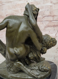 Bronze Satyr and Nymph Bacchante Sculpture on Marble Base