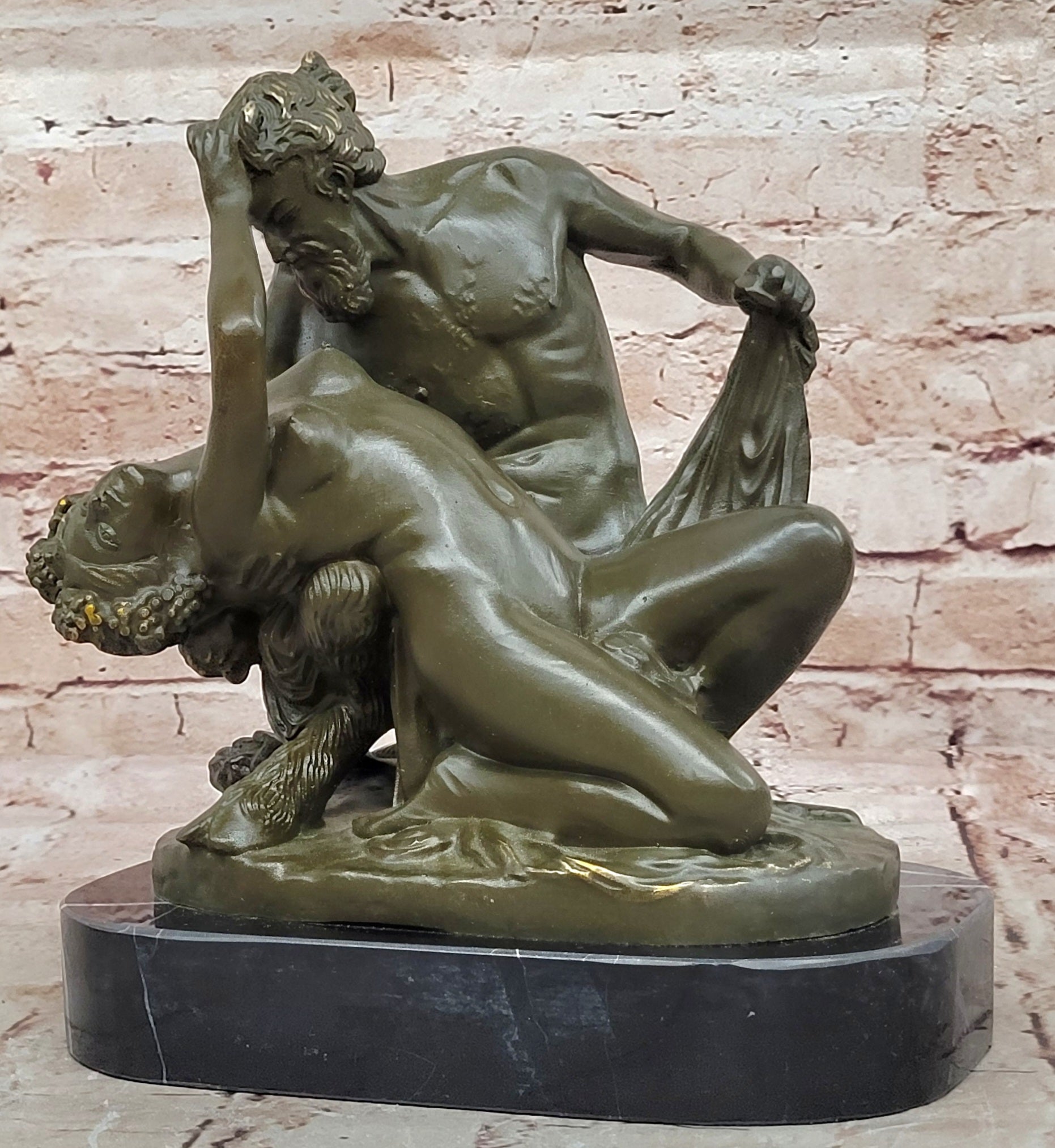 Bronze Satyr and Nymph Bacchante Sculpture on Marble Base