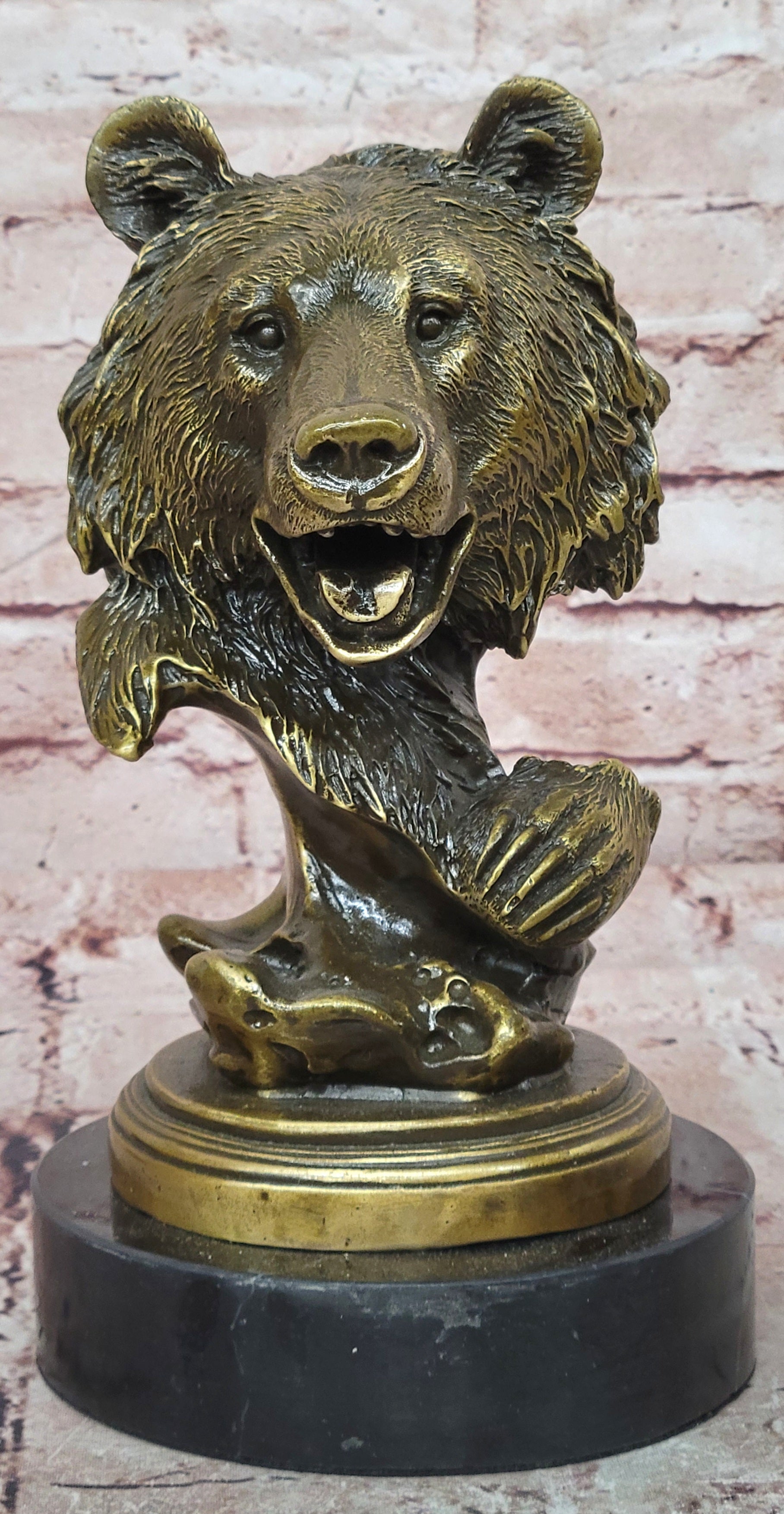 Genuine Bronze Wildlife Roaring Bear Bust Sculpture Statue Figurine Figure