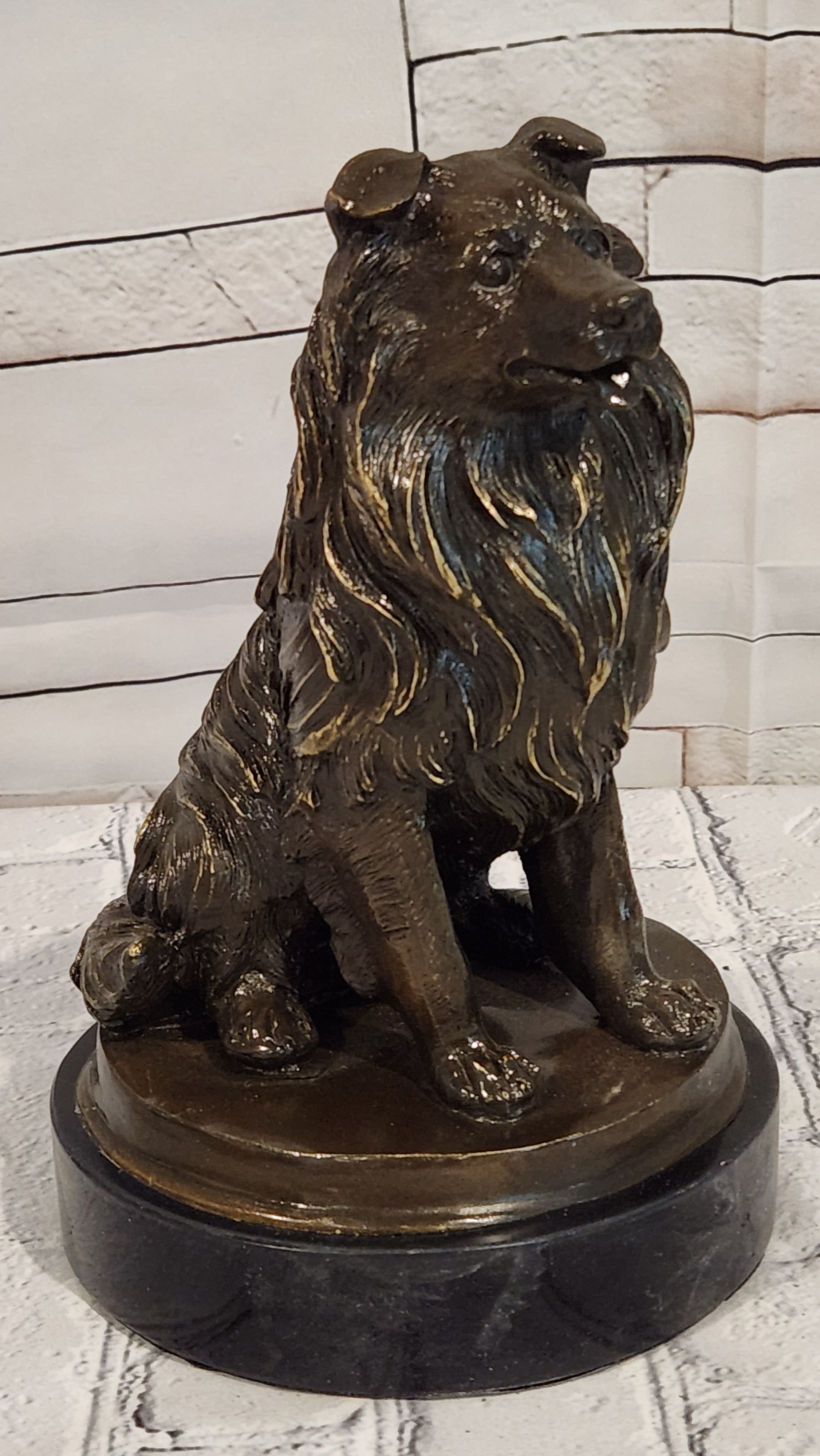 Signed A. Caine Bronze Sculpture Collie Dog Statue Loyal Companion Figurine