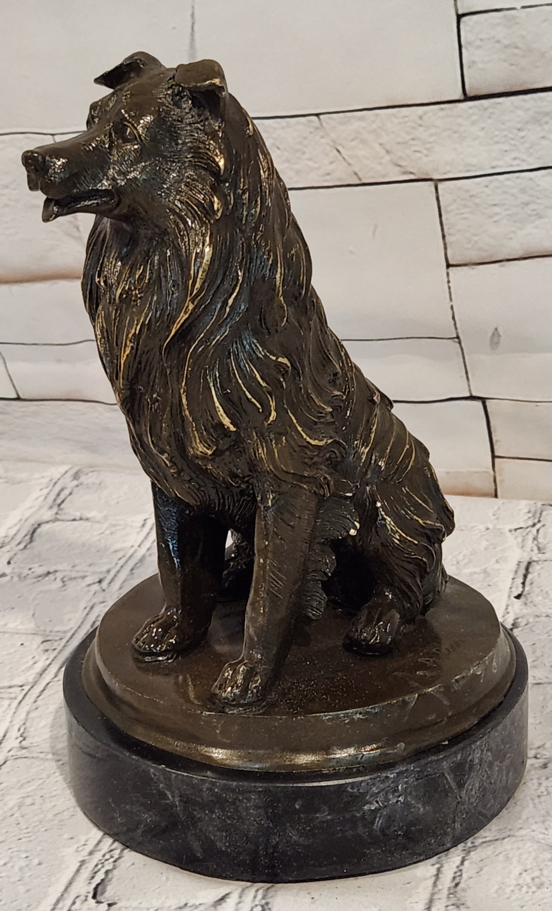 Signed A. Caine Bronze Sculpture Collie Dog Statue Loyal Companion Figurine