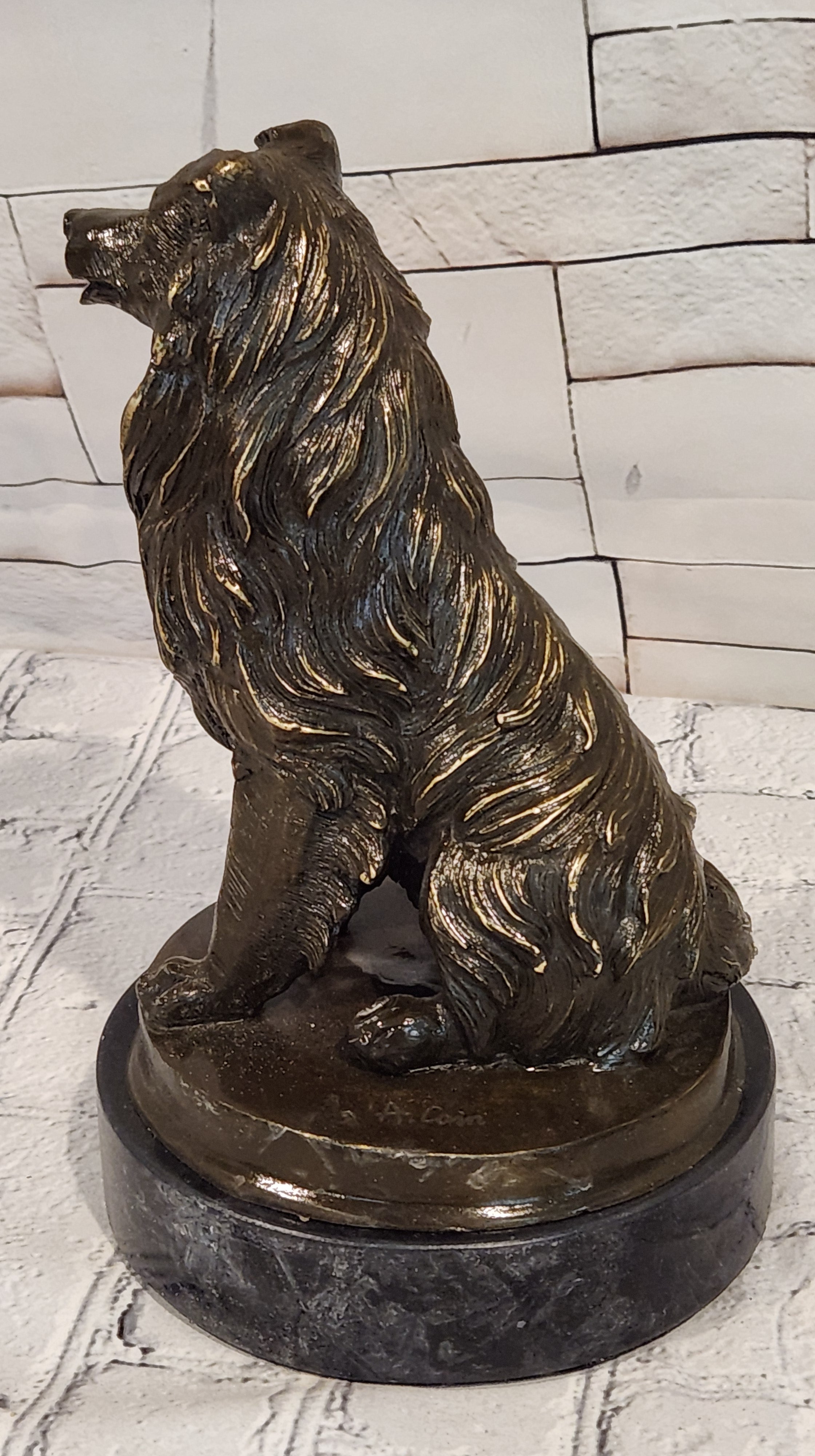 Signed A. Caine Bronze Sculpture Collie Dog Statue Loyal Companion Figurine