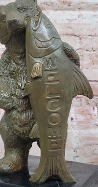 Bronze Bear Welcome Statue – Bear with Fish Cabin Decor