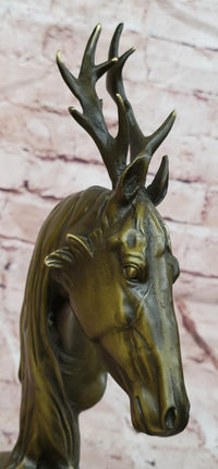 Signed M. Lopez Mythical Stag Horse Genuine Bronze Sculpture Figurine Statue