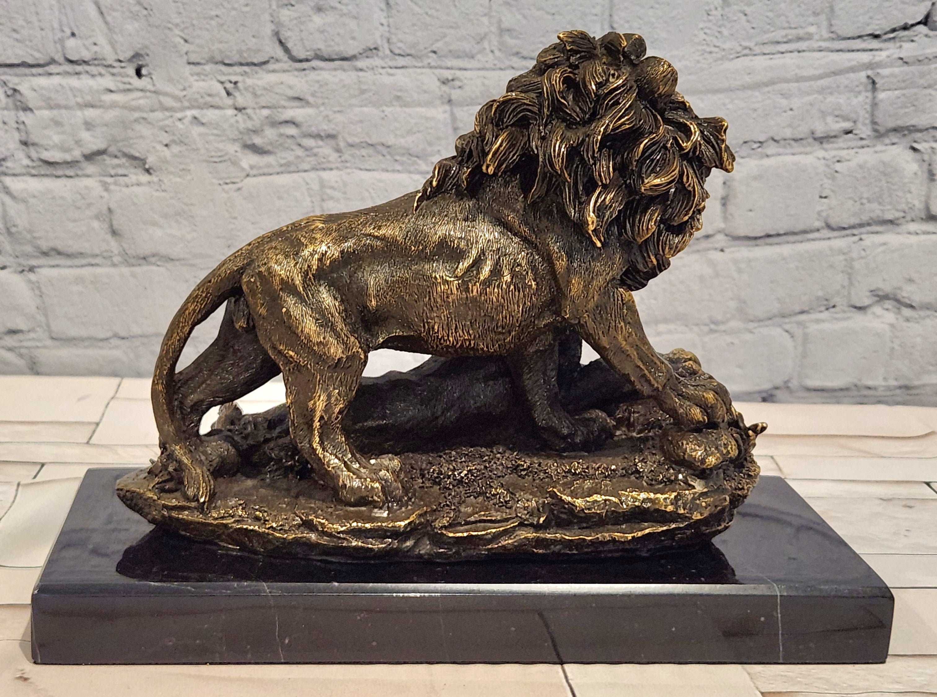 Lion Couple Real Bronze Statue Wildlife Animal Sculpture by A. Barye Statue