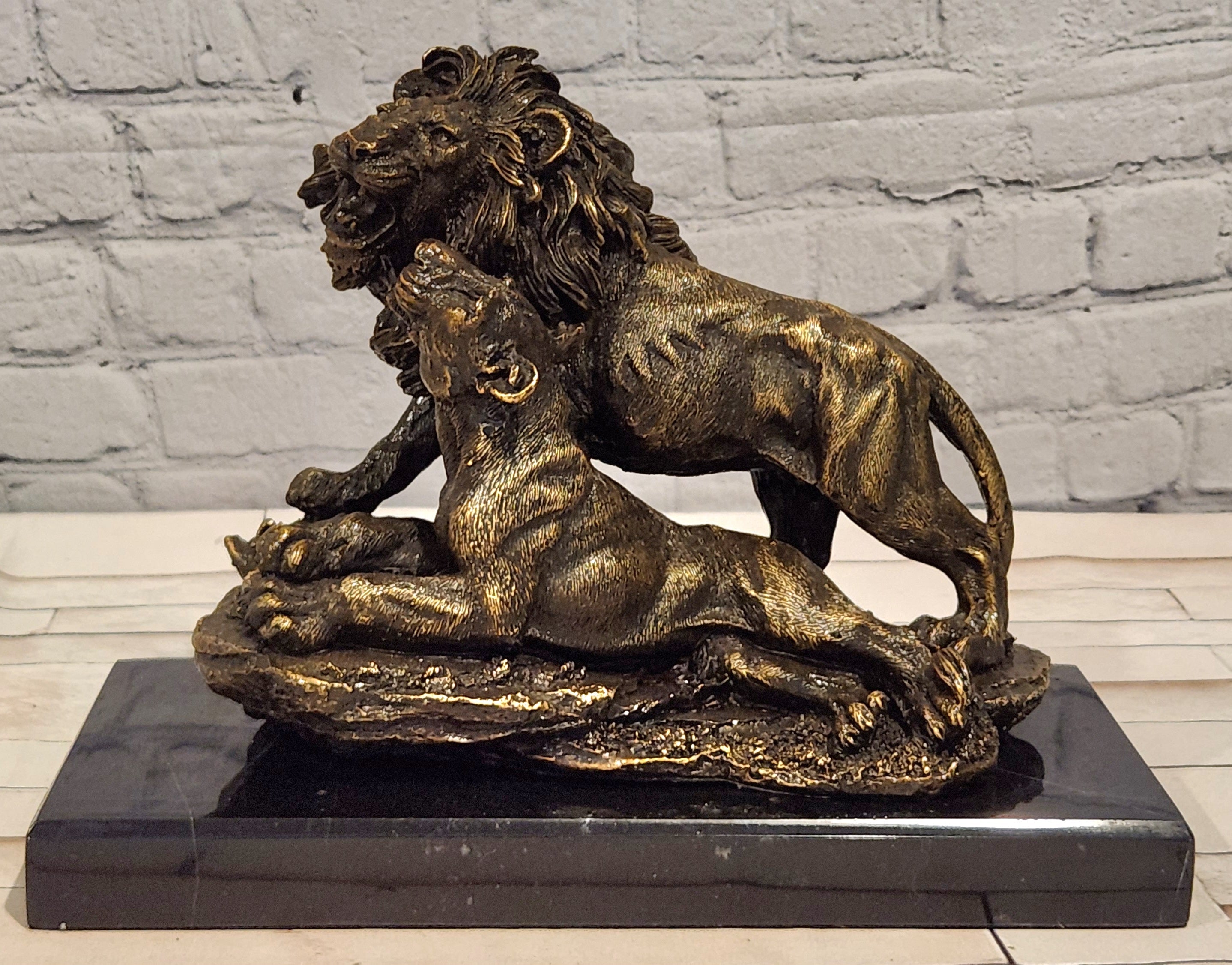 Lion Couple Real Bronze Statue Wildlife Animal Sculpture by A. Barye Statue