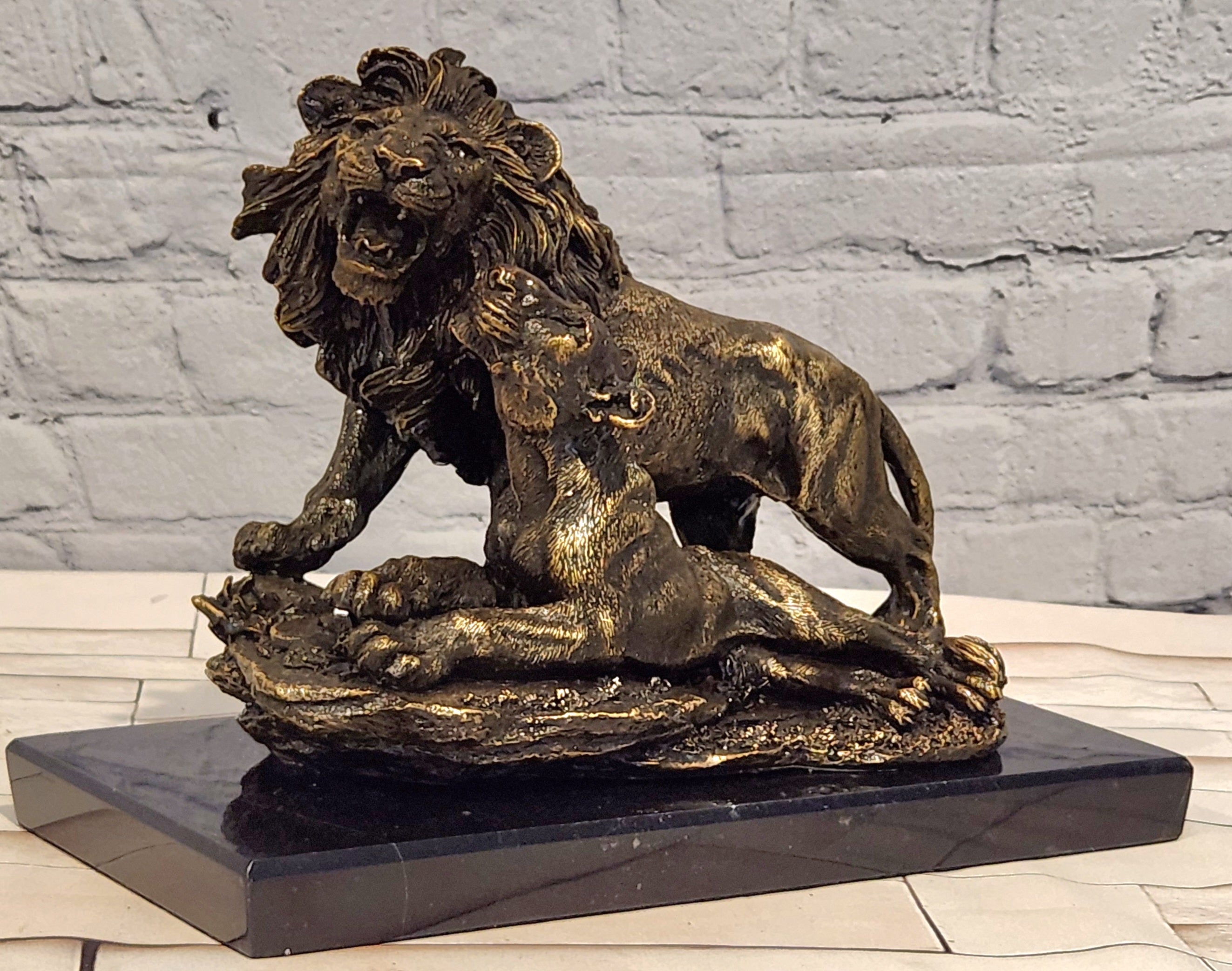 Lion Couple Real Bronze Statue Wildlife Animal Sculpture by A. Barye Statue
