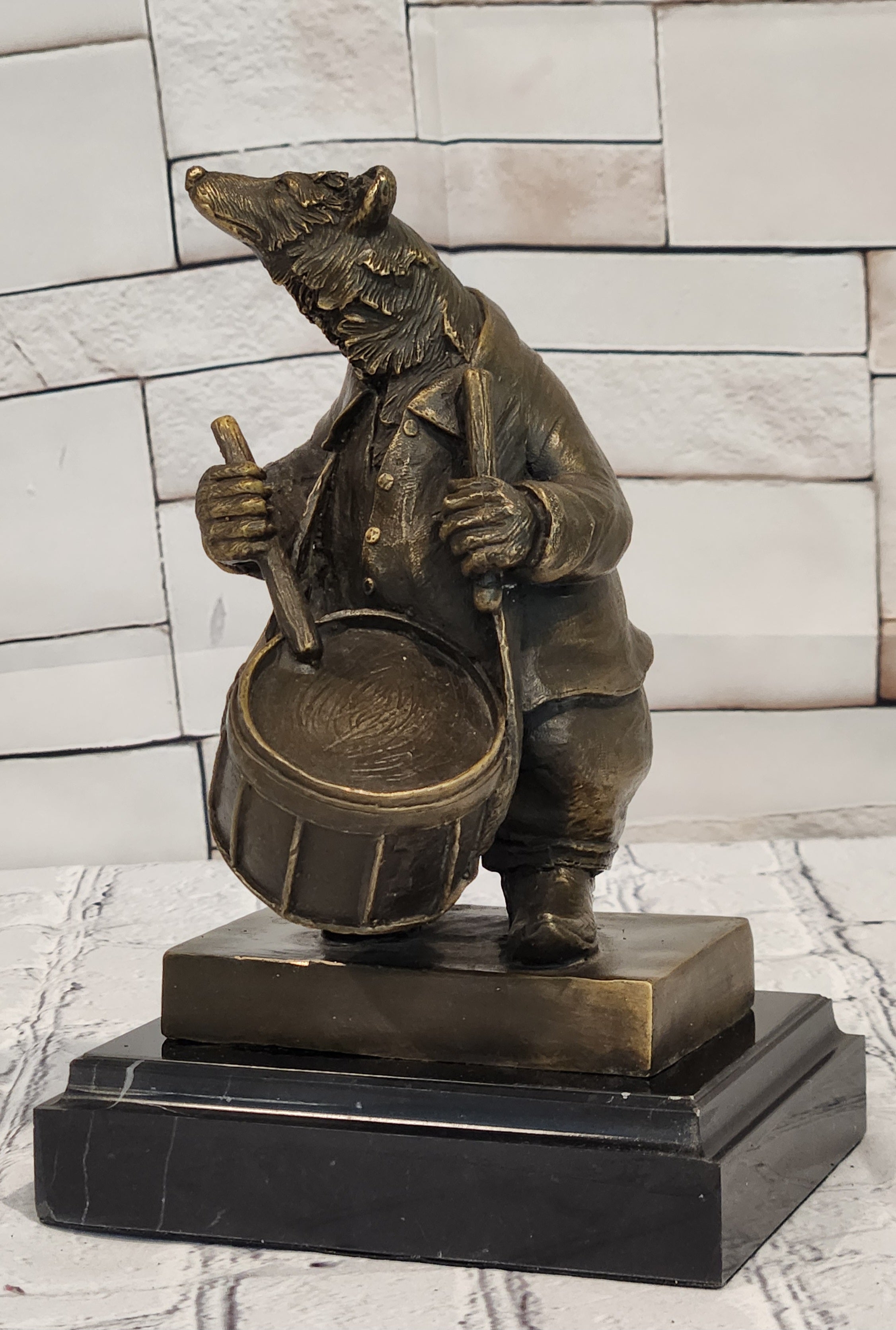 Signed Original Mr Bear Playing Drum Genuine Bronze Sculpture Figurine Statue
