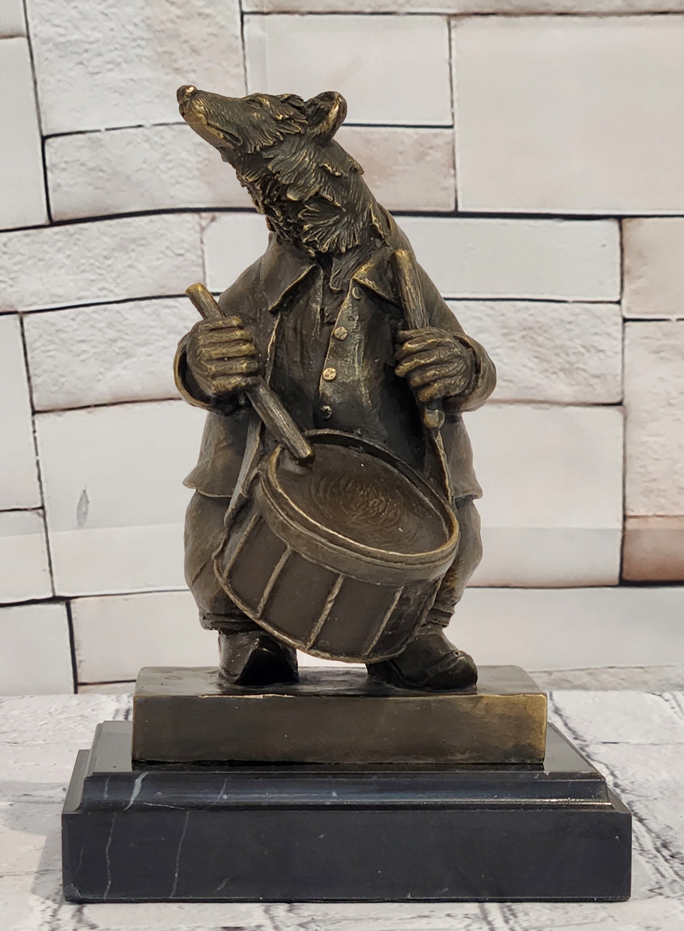 Signed Original Mr Bear Playing Drum Genuine Bronze Sculpture Figurine Statue