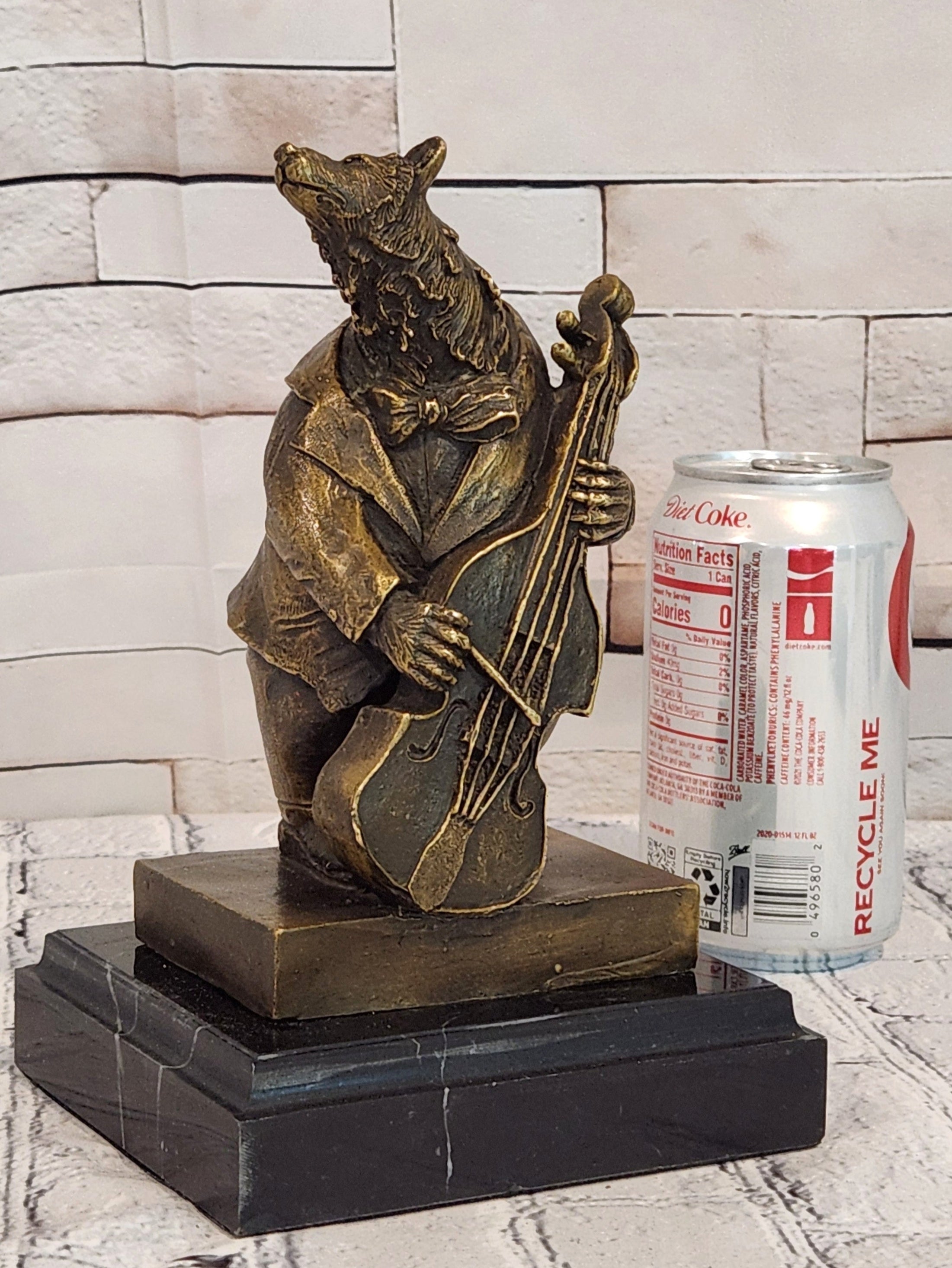 Vintage European Bear Playing the Cello Bronze Sculpture Statue Signed Williams