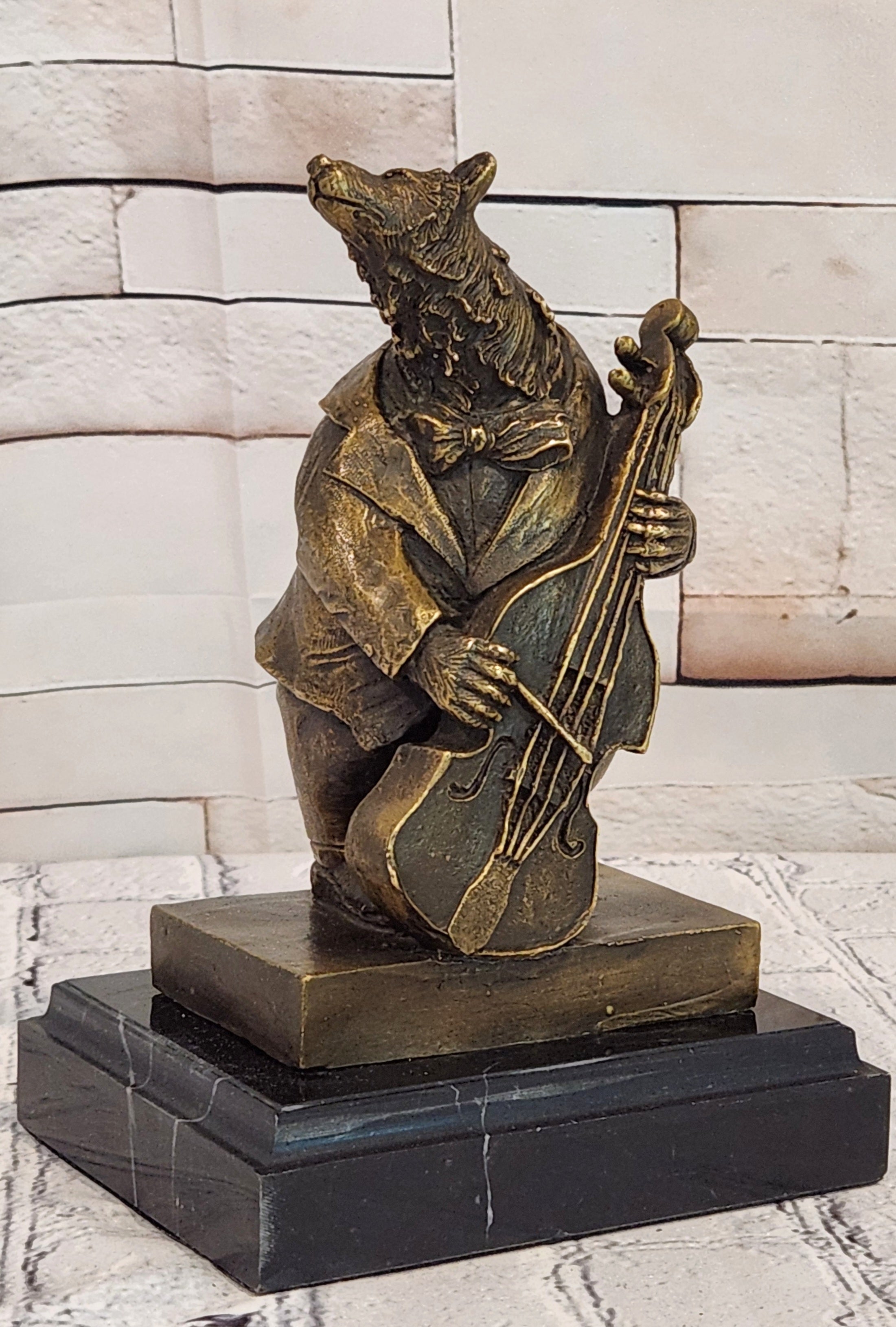 Vintage European Bear Playing the Cello Bronze Sculpture Statue Signed Williams