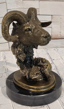 Rams Head Bust Bronze Metal Sculpture Statue on Marble Base Signed Milo