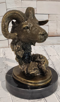 Rams Head Bust Bronze Metal Sculpture Statue on Marble Base Signed Milo