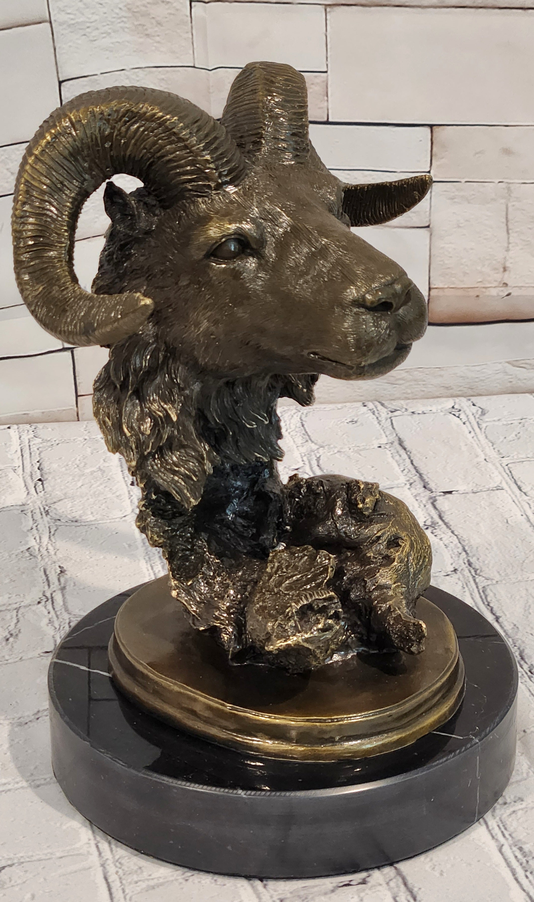 Rams Head Bust Bronze Metal Sculpture Statue on Marble Base Signed Milo