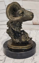 Rams Head Bust Bronze Metal Sculpture Statue on Marble Base Signed Milo