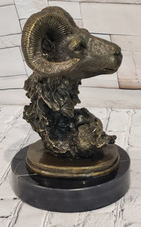 Rams Head Bust Bronze Metal Sculpture Statue on Marble Base Signed Milo