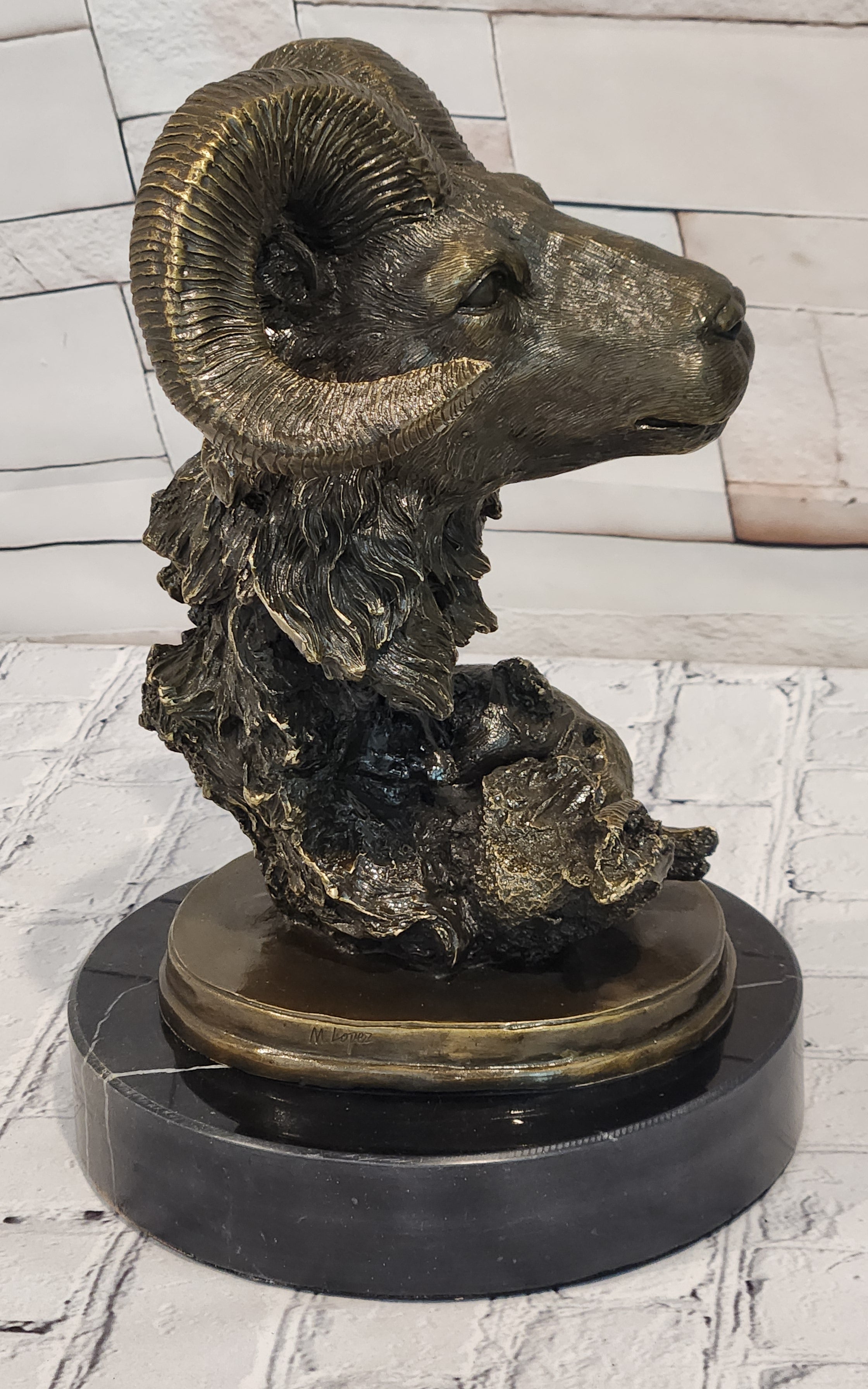 Rams Head Bust Bronze Metal Sculpture Statue on Marble Base Signed Milo
