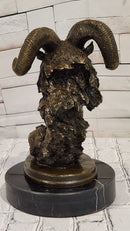 Rams Head Bust Bronze Metal Sculpture Statue on Marble Base Signed Milo