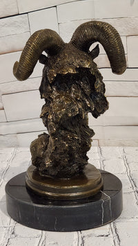 Rams Head Bust Bronze Metal Sculpture Statue on Marble Base Signed Milo