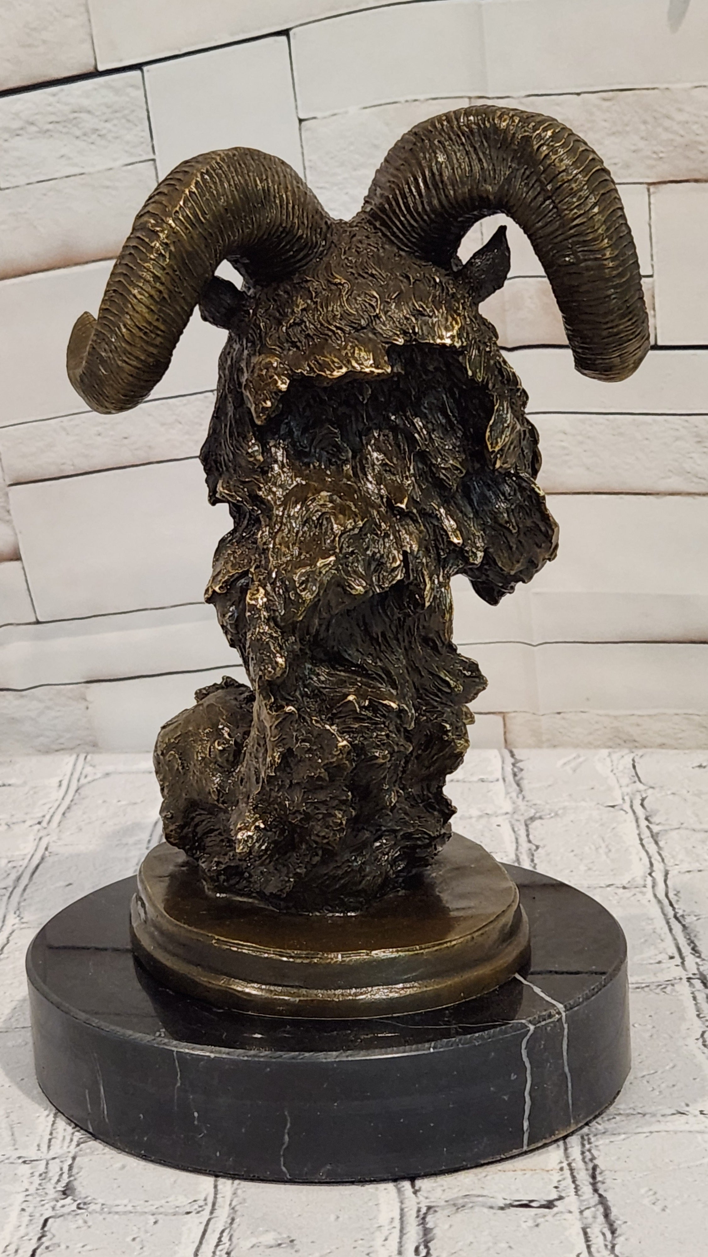 Rams Head Bust Bronze Metal Sculpture Statue on Marble Base Signed Milo