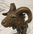 Rams Head Bust Bronze Metal Sculpture Statue on Marble Base Signed Milo