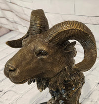 Rams Head Bust Bronze Metal Sculpture Statue on Marble Base Signed Milo