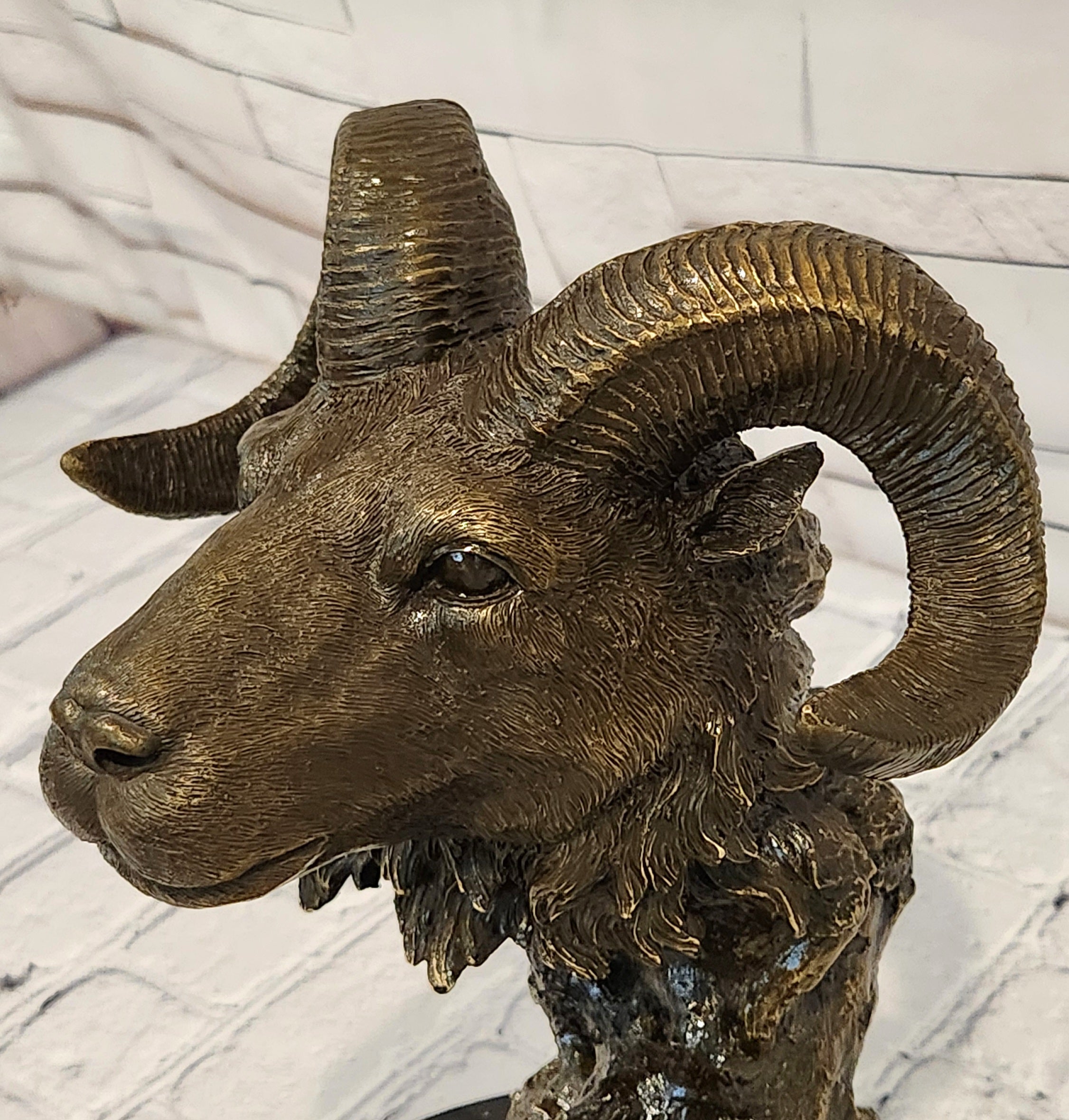 Rams Head Bust Bronze Metal Sculpture Statue on Marble Base Signed Milo