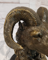 Rams Head Bust Bronze Metal Sculpture Statue on Marble Base Signed Milo