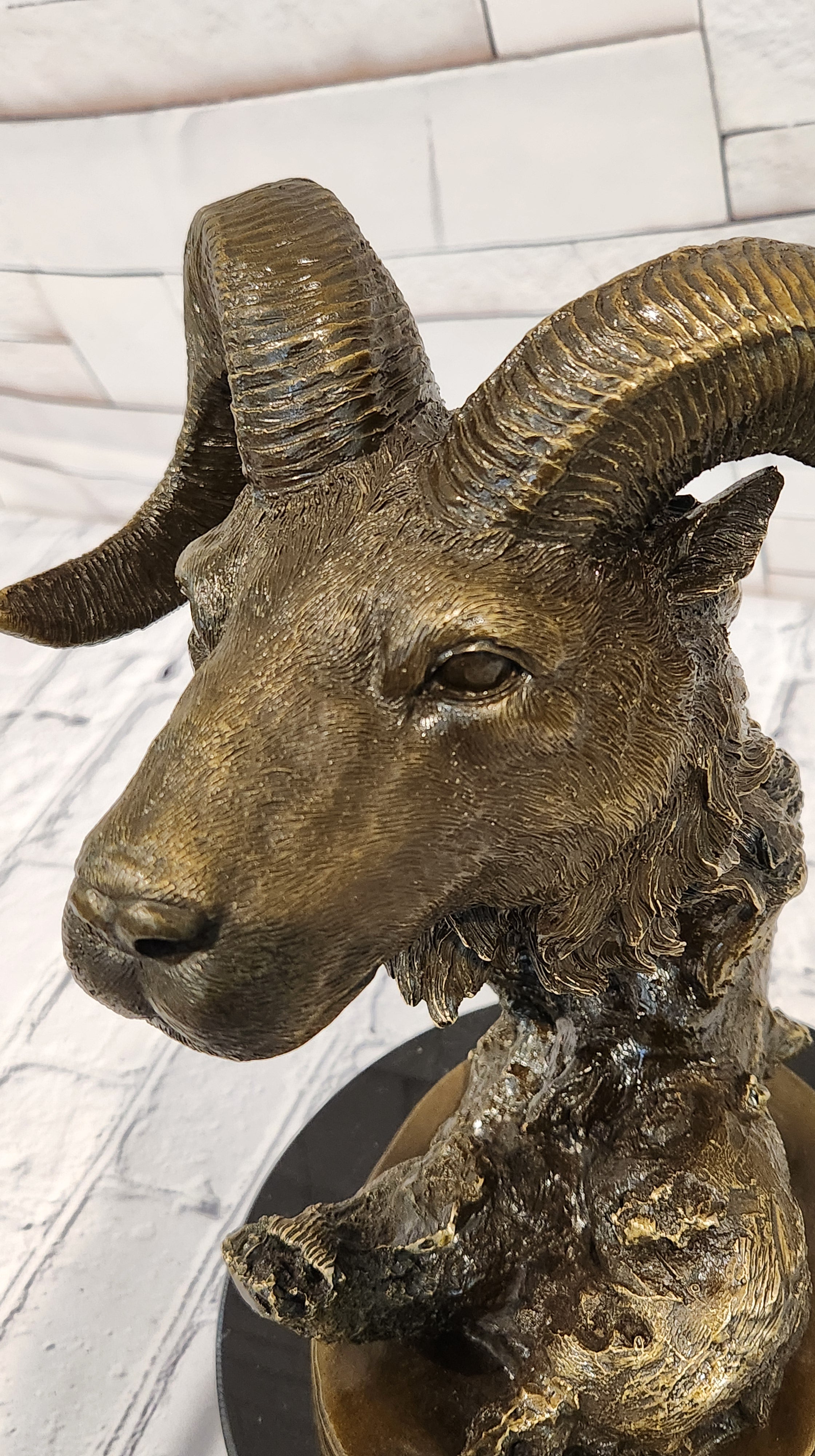 Rams Head Bust Bronze Metal Sculpture Statue on Marble Base Signed Milo
