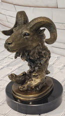 Rams Head Bust Bronze Metal Sculpture Statue on Marble Base Signed Milo