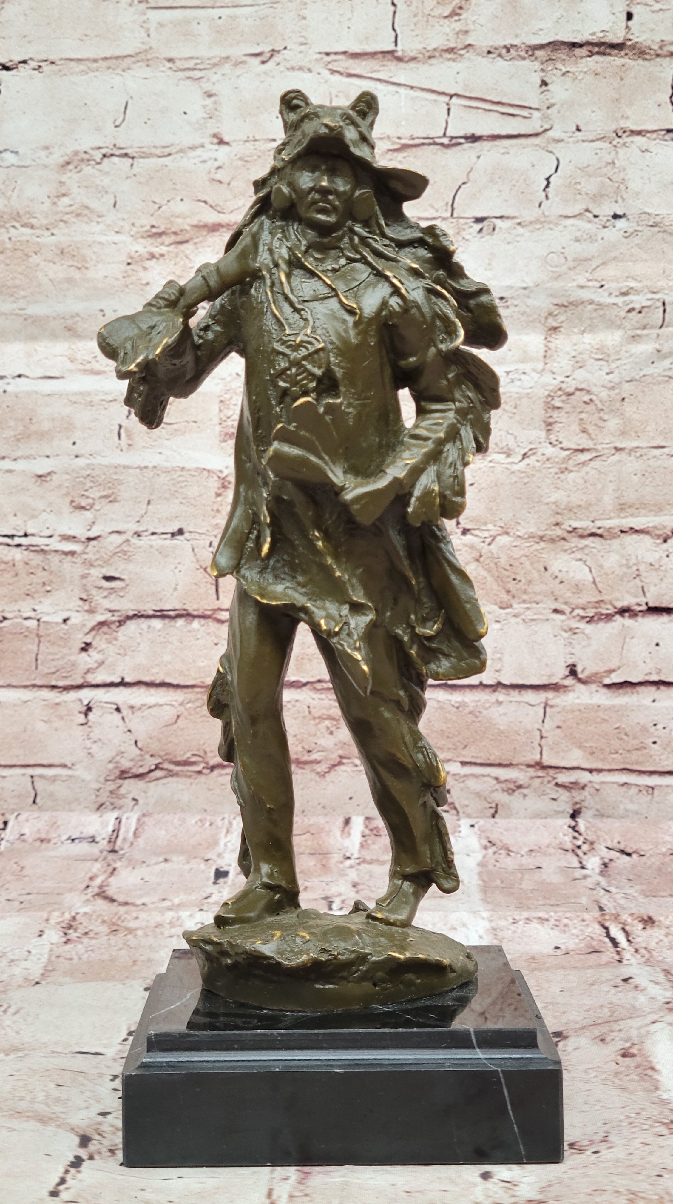 Bronze Native American Warrior with Wolf Headdress