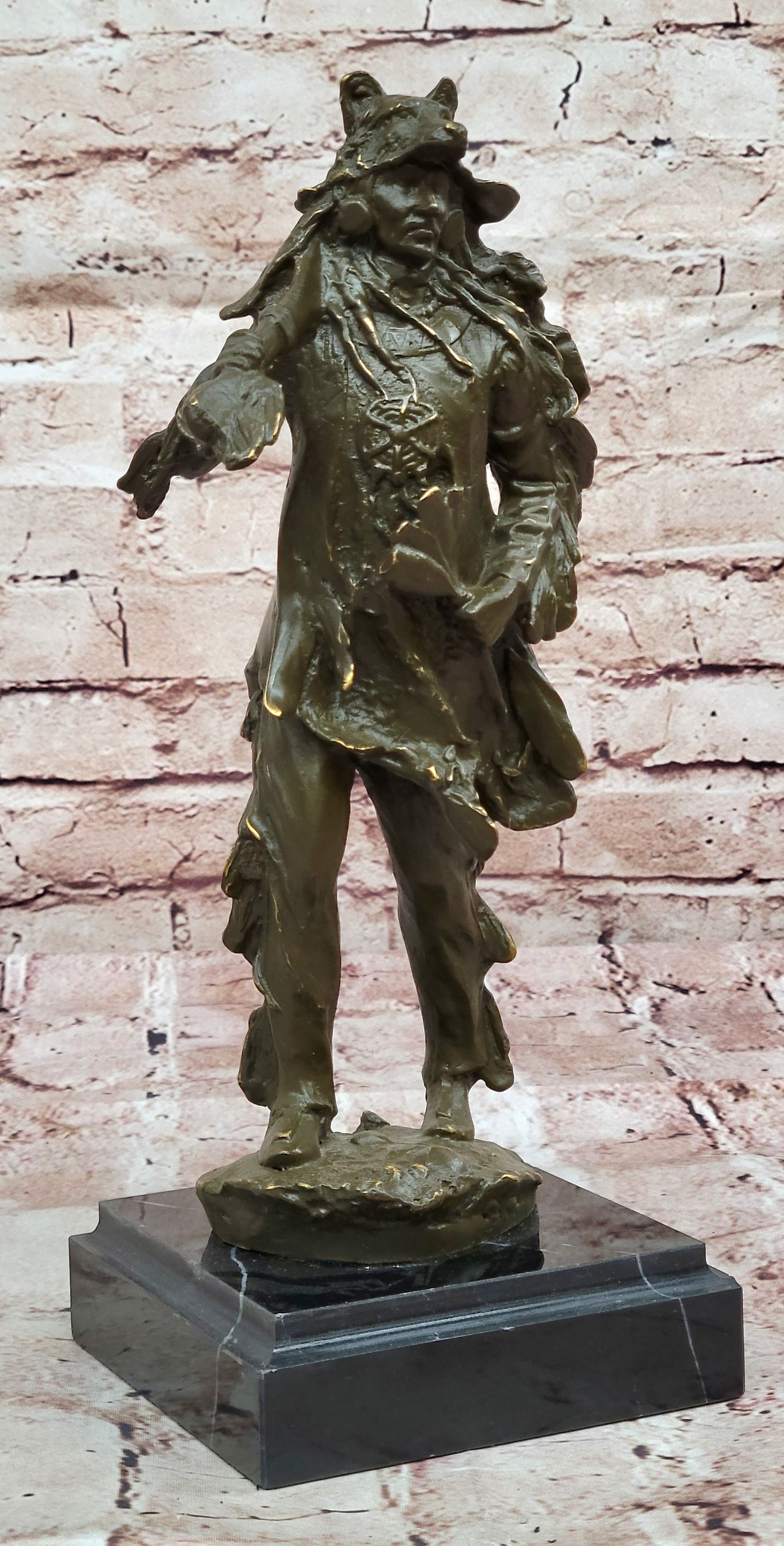 Bronze Native American Warrior with Wolf Headdress
