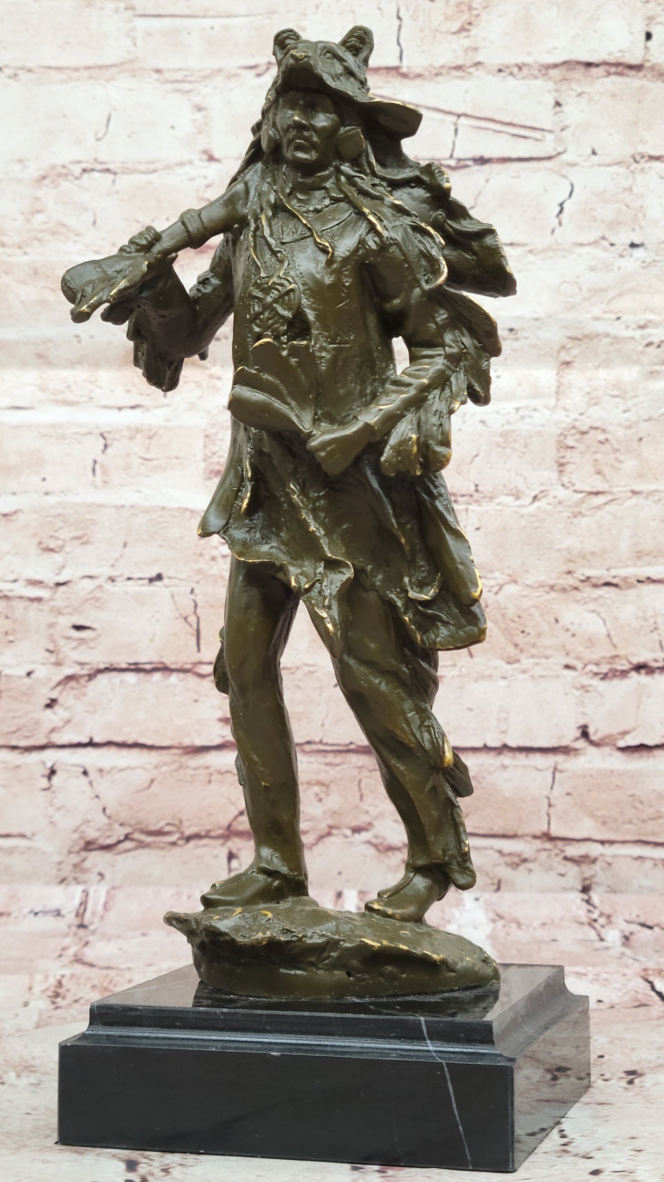 Bronze Native American Warrior with Wolf Headdress