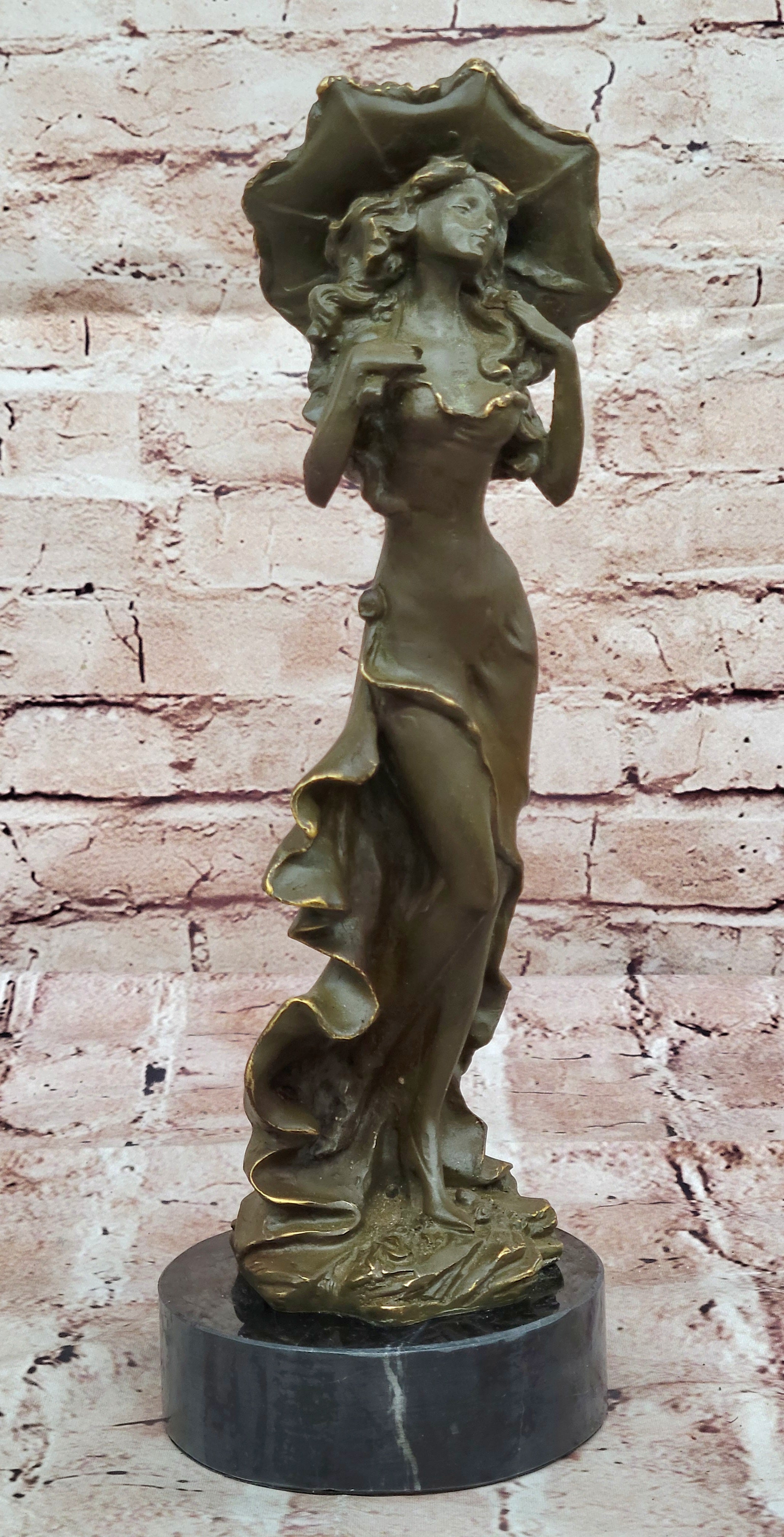 Art Nouveau Bronze Lady with Parasol Umbrella