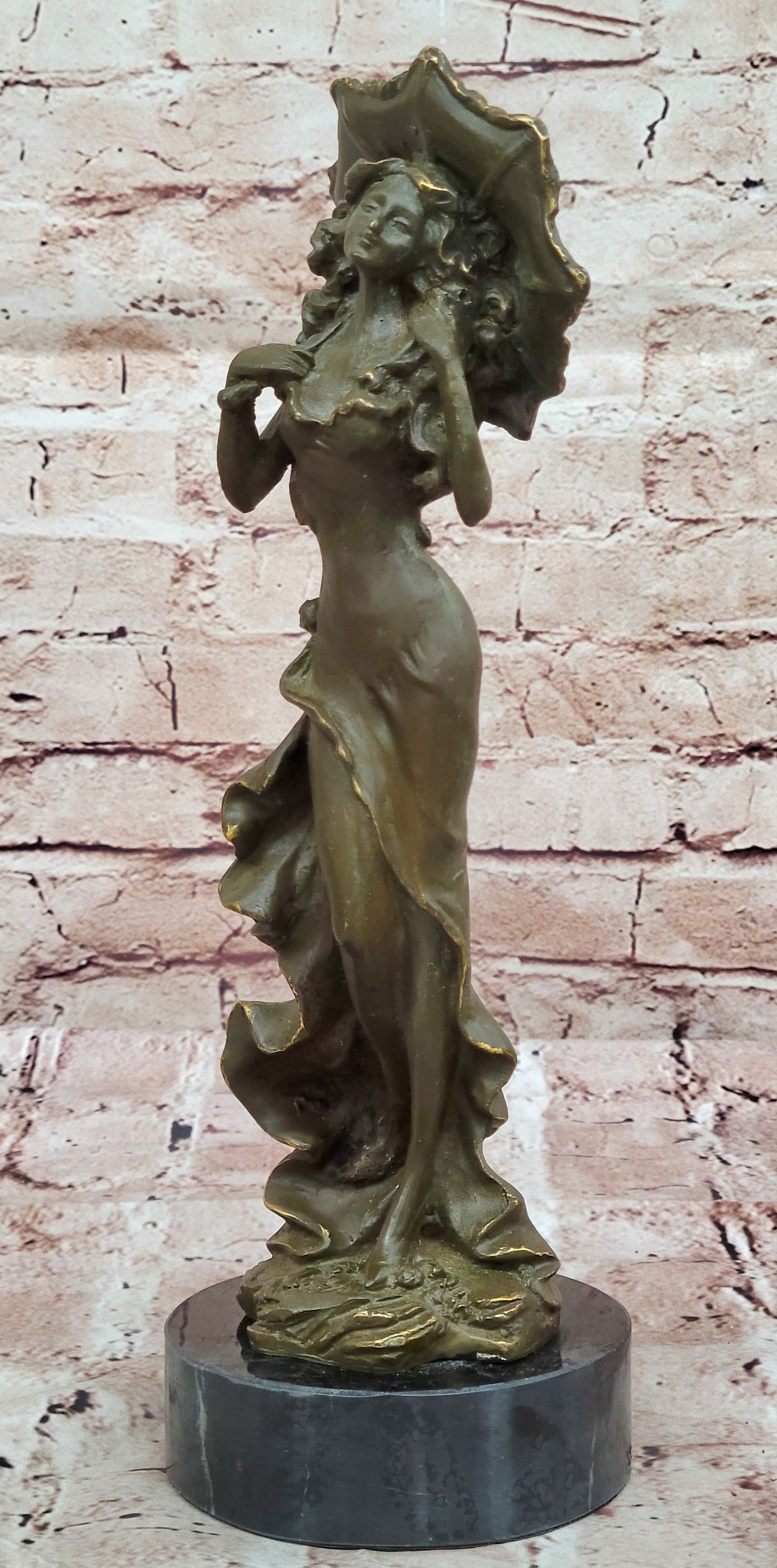 Art Nouveau Bronze Lady with Parasol Umbrella