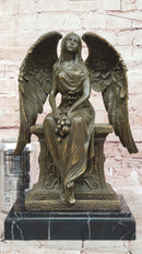 Seated Angel Bronze Sculpture by A. Moreau - Guardian Angel Art