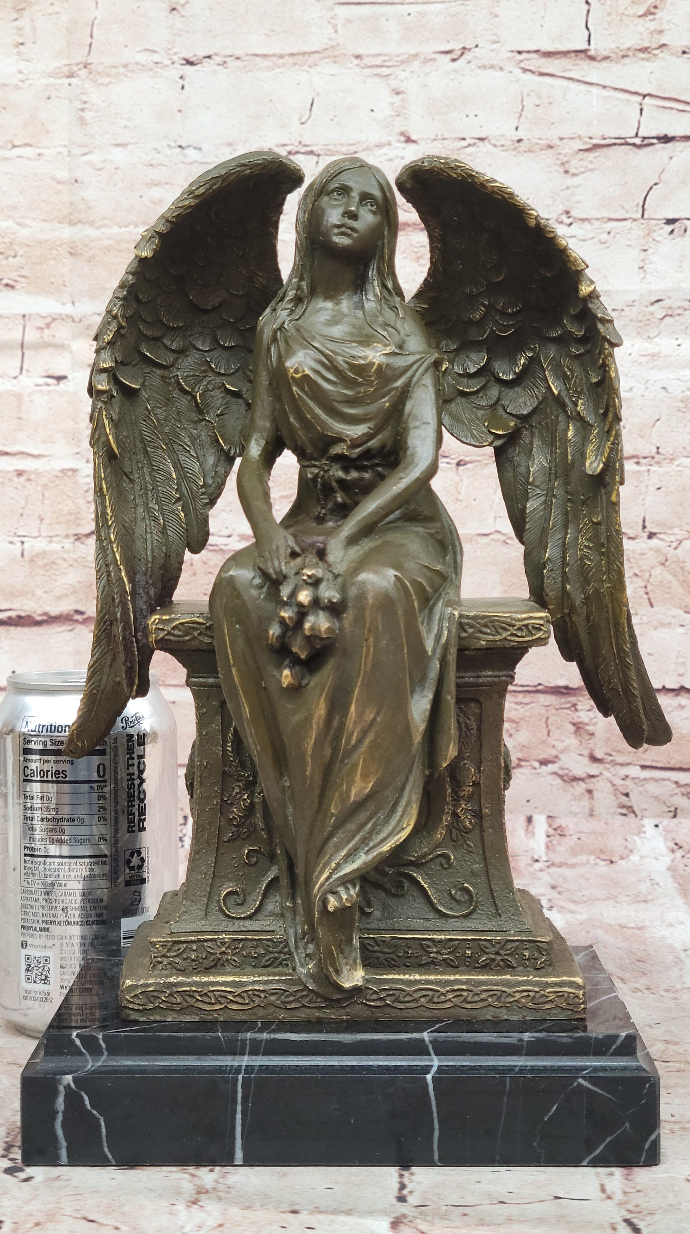Seated Angel Bronze Sculpture by A. Moreau - Guardian Angel Art