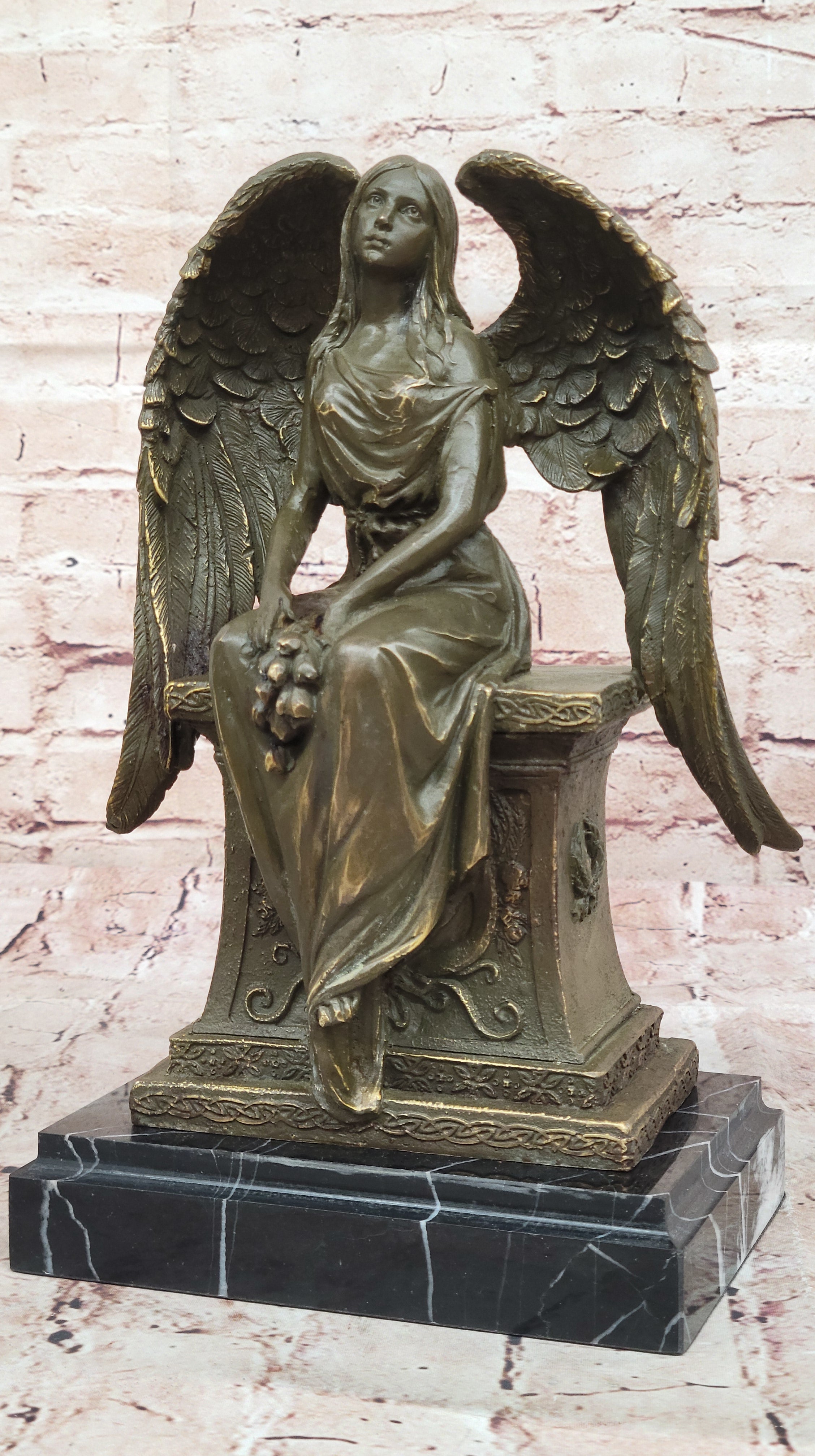 Seated Angel Bronze Sculpture by A. Moreau - Guardian Angel Art