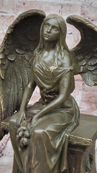 Seated Angel Bronze Sculpture by A. Moreau - Guardian Angel Art