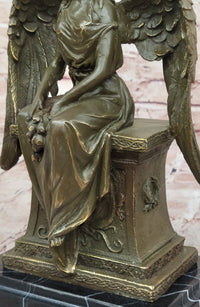 Seated Angel Bronze Sculpture by A. Moreau - Guardian Angel Art