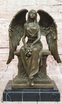Seated Angel Bronze Sculpture by A. Moreau - Guardian Angel Art