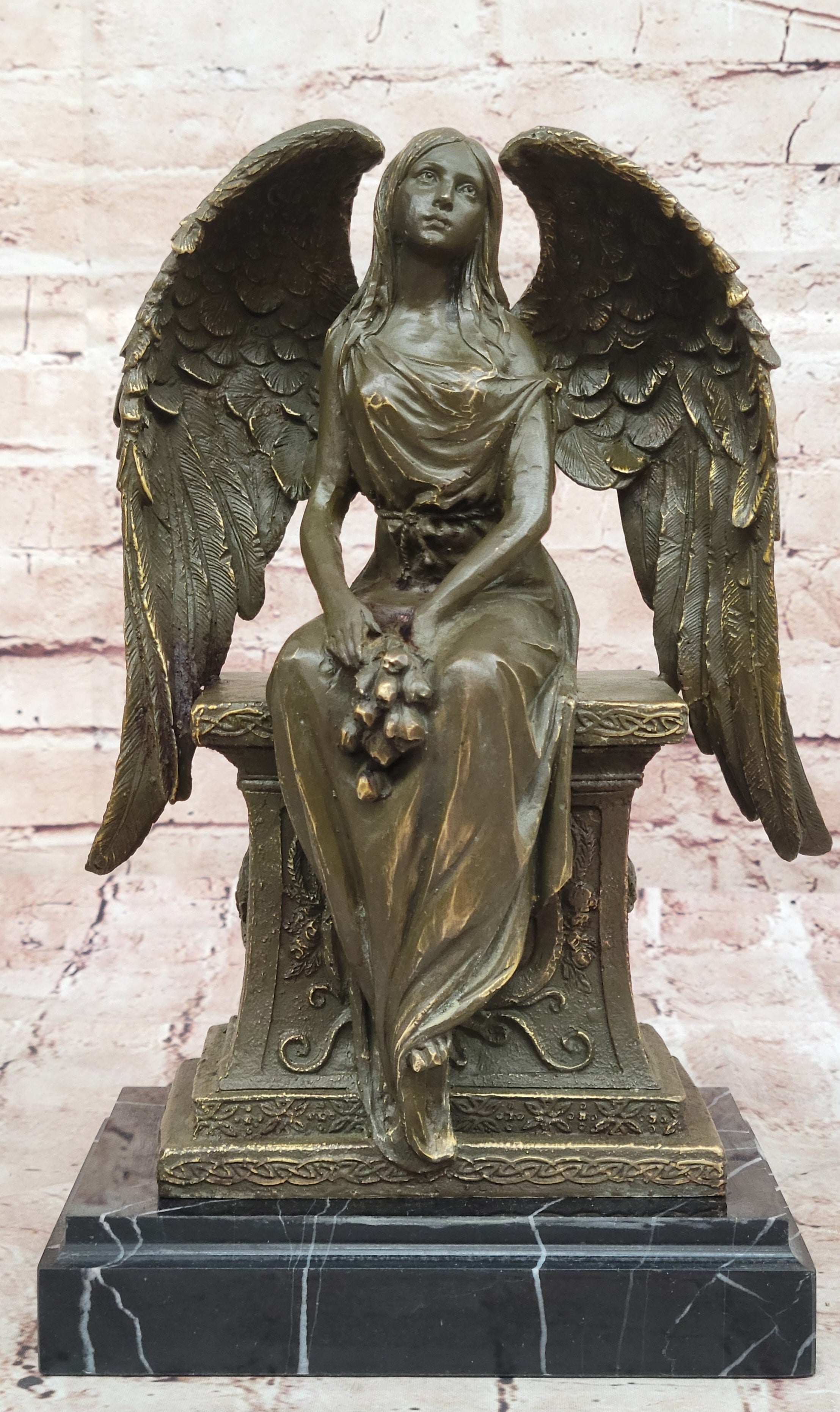 Seated Angel Bronze Sculpture by A. Moreau - Guardian Angel Art