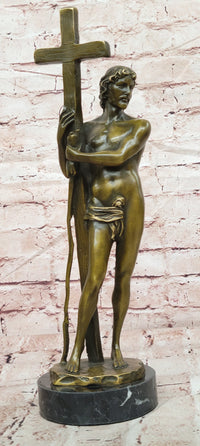 Signed Original Miguel Lopez Young Jestus with Cross Bronze Sculpture Figurine