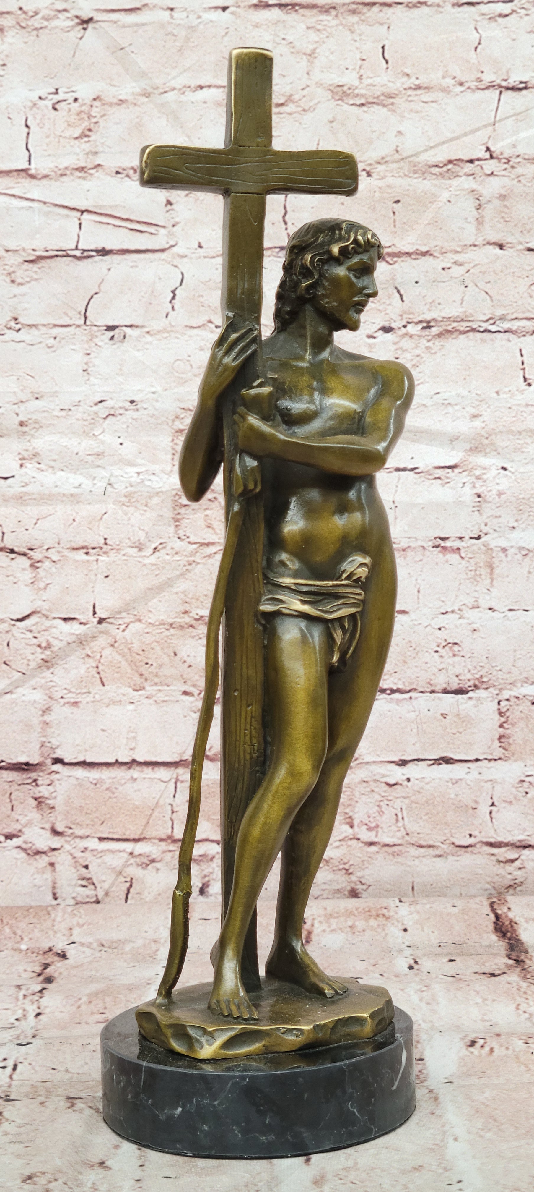 Signed Original Miguel Lopez Young Jestus with Cross Bronze Sculpture Figurine