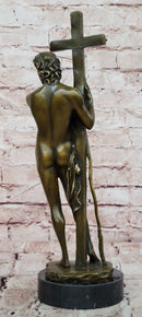 Signed Original Miguel Lopez Young Jestus with Cross Bronze Sculpture Figurine