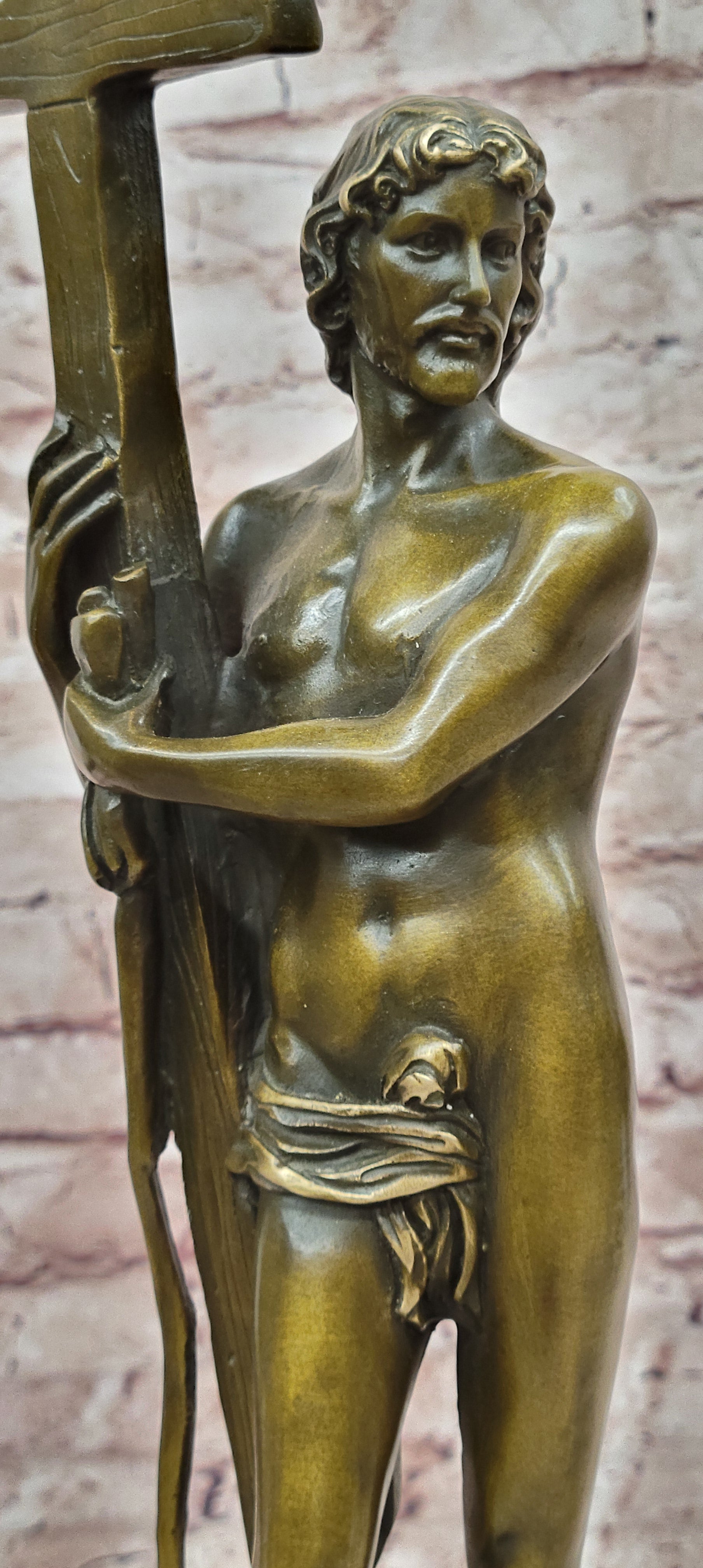 Signed Original Miguel Lopez Young Jestus with Cross Bronze Sculpture Figurine