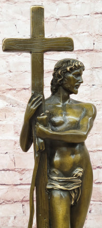 Signed Original Miguel Lopez Young Jestus with Cross Bronze Sculpture Figurine